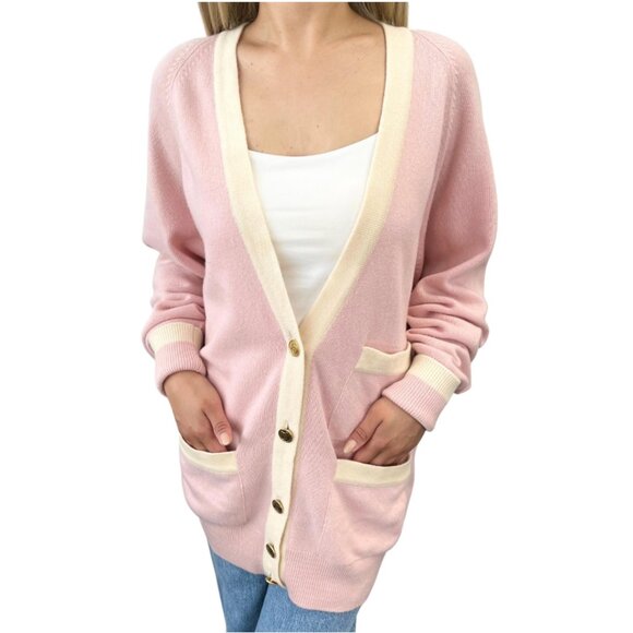 CHANEL Vintage CC Mark Logo Cardigan Pink Cream Cashmere Button Sweater [105283] - Picture 1 of 9